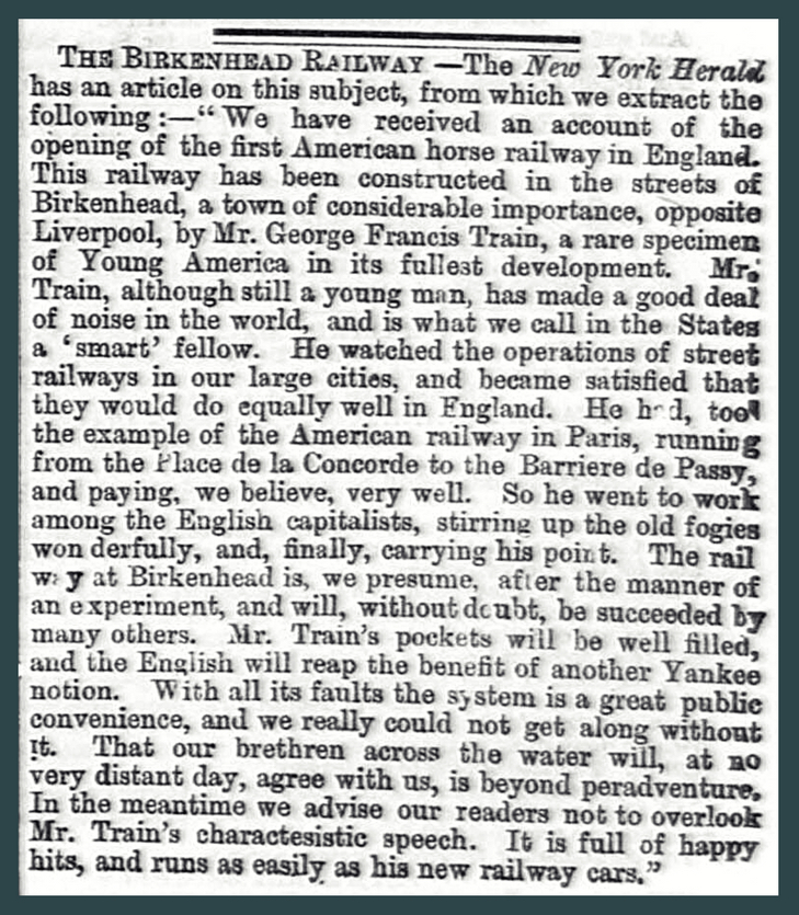 The Birkenhead Railway newspaper article