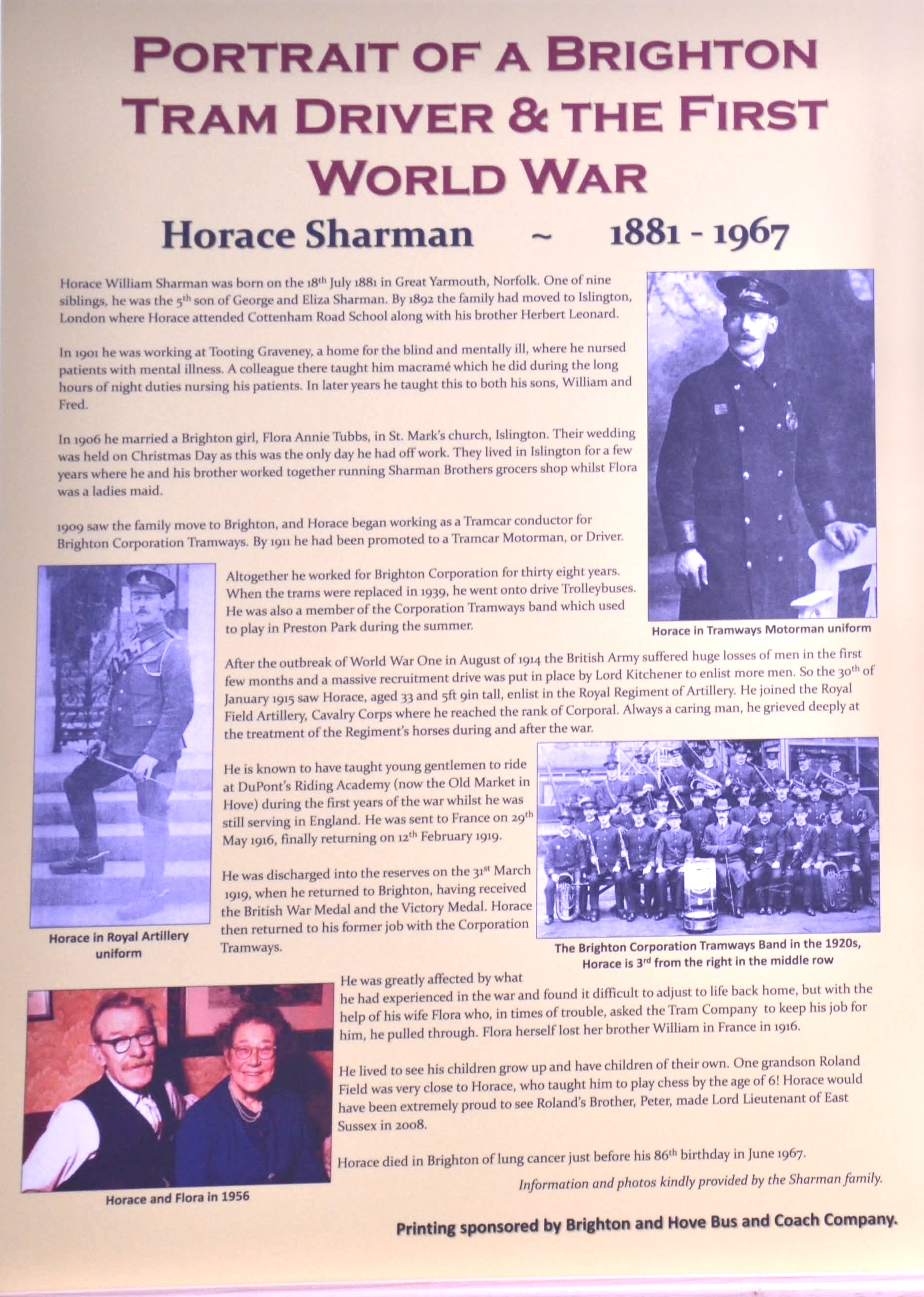 Illustrated history panel about a Brighton tram driver during the First World War
